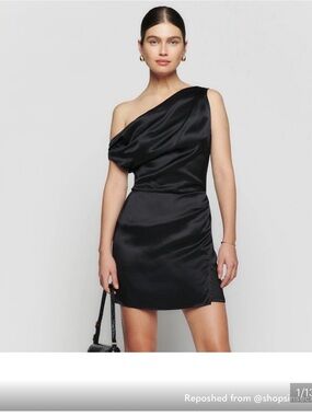 Reformation Black One-Shoulder Satin Mini